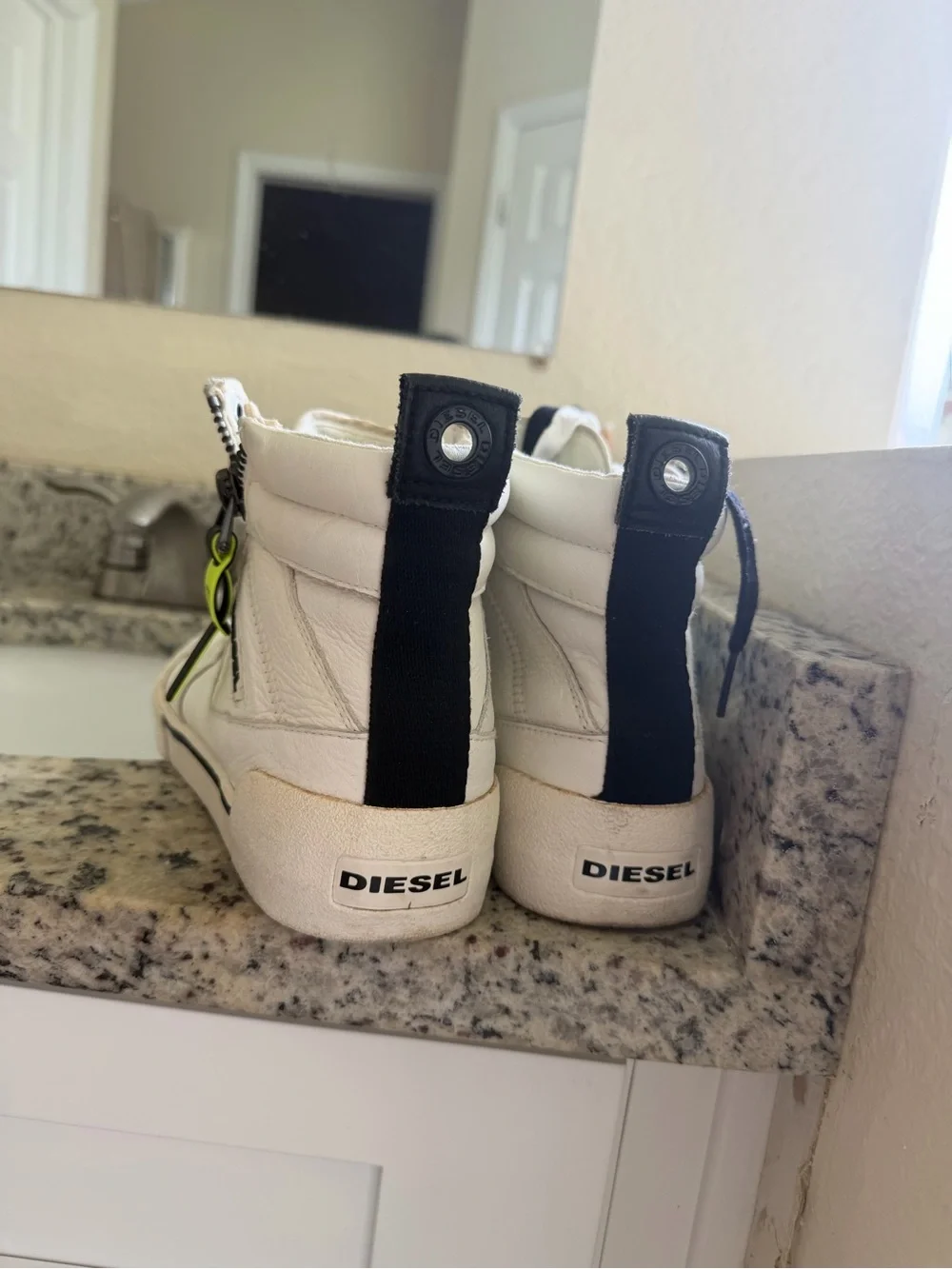 Diesel White High-Top Sneakers with Black Laces and Neon Accent